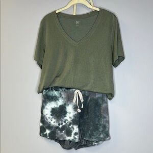 GAP Olive Green V-Neck Tee with Tie-Dye Shorts